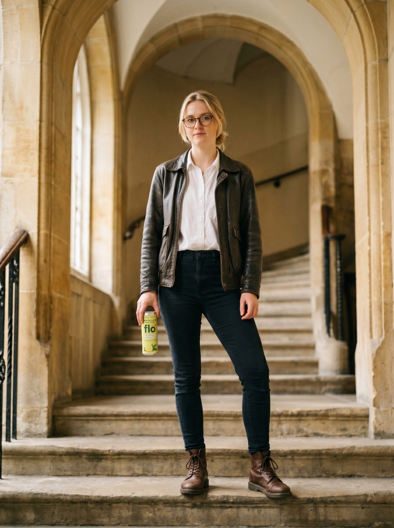 Woman in a vaulted stone stairwell mid-sip from Focus Flow