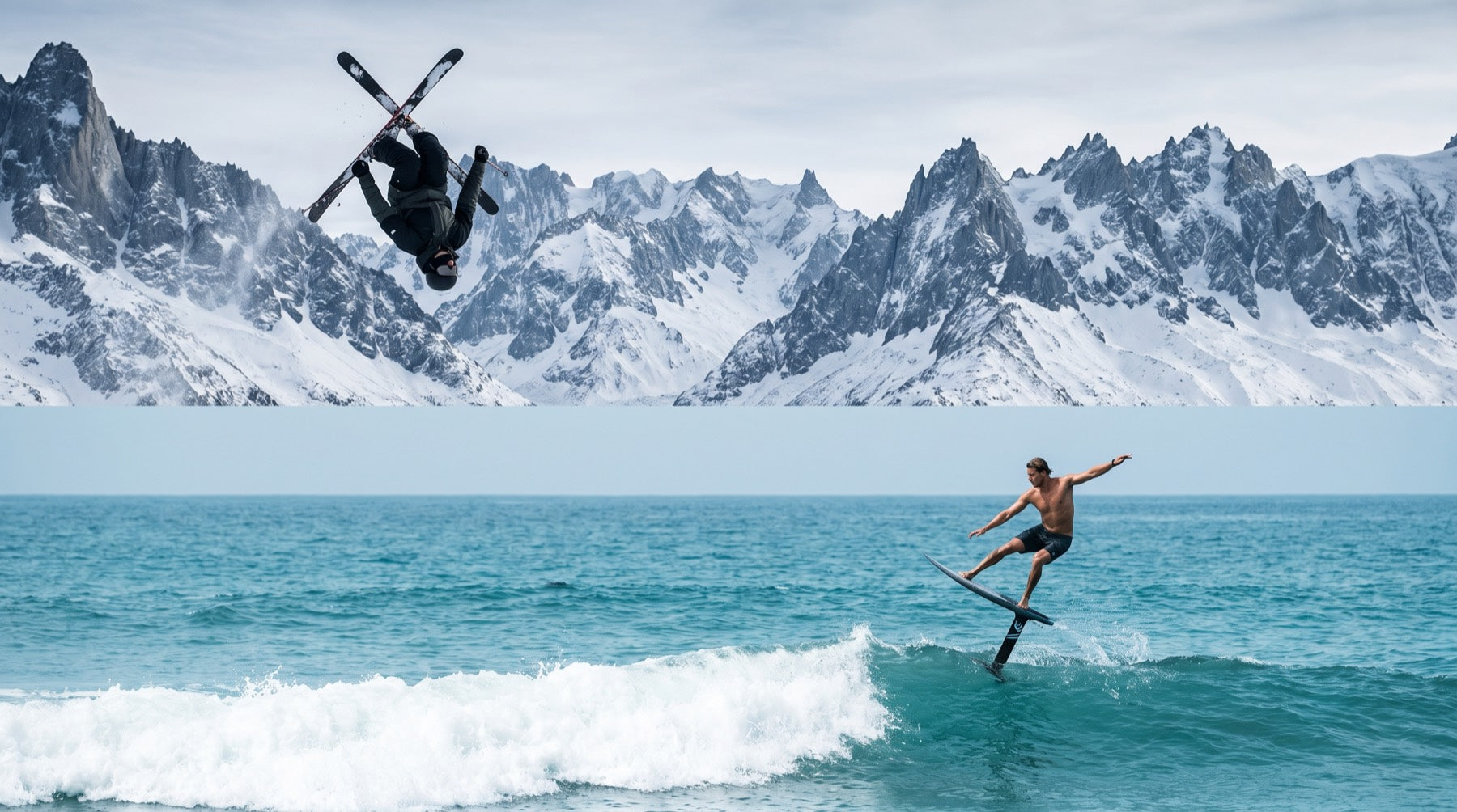 Freestyle skier mid-backflip above snowy peaks meeting a hydrofoil surfer mid-trick on a turquoise wave below — one seamless horizon