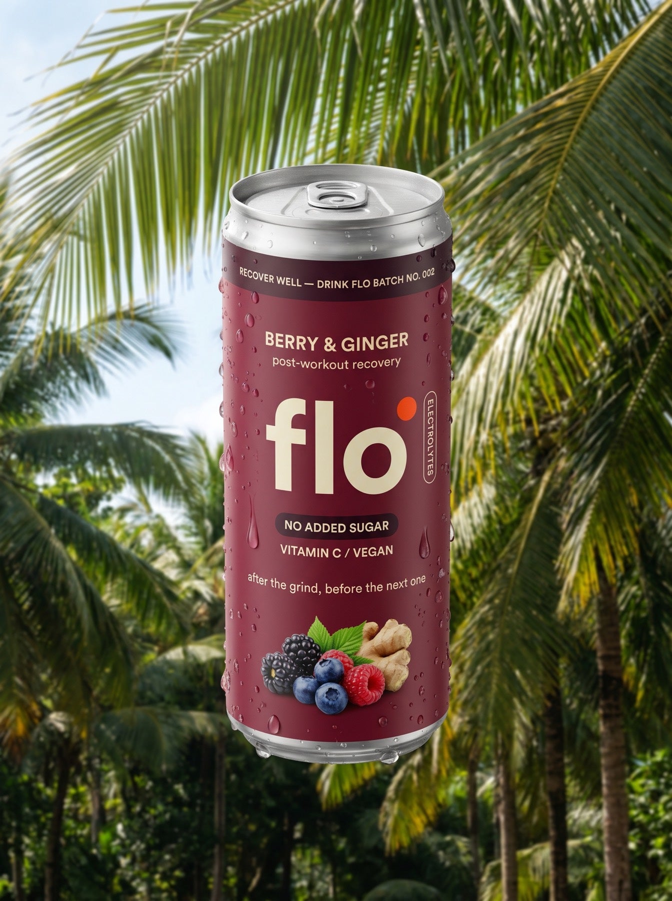 Restore Rush can floating in front of a lush tropical palm grove