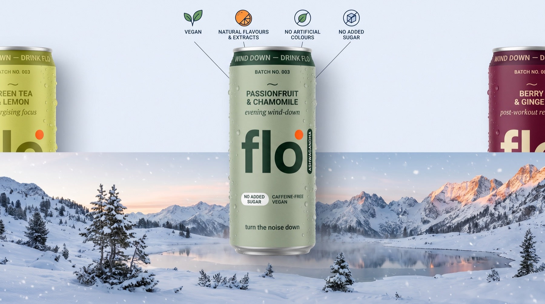 Three Flo Drinks cans with trust-badge callouts above a snowy mountain panorama
